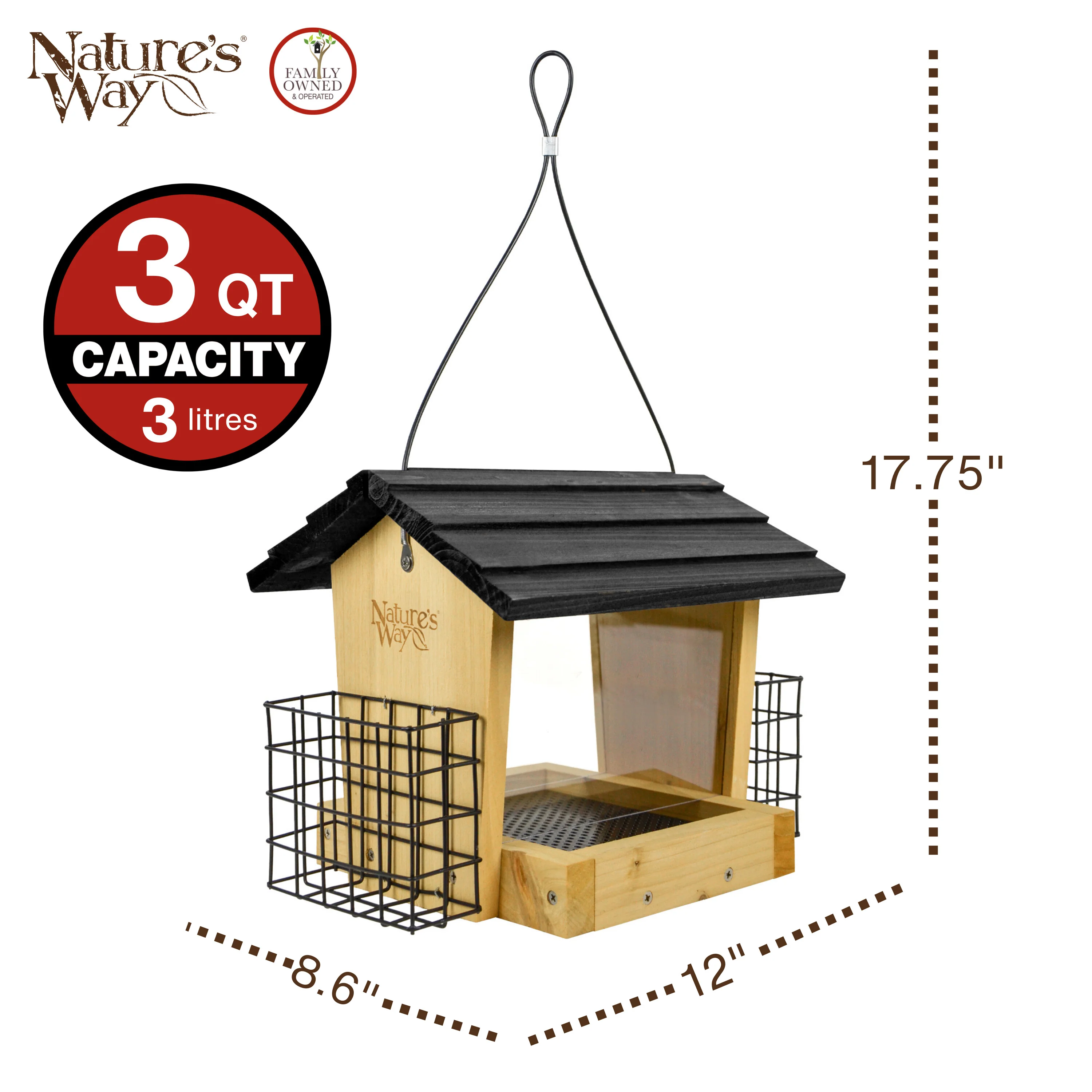 Cedar 3 QT Hopper Feeder w/ 2 Suet Cages - Image 2