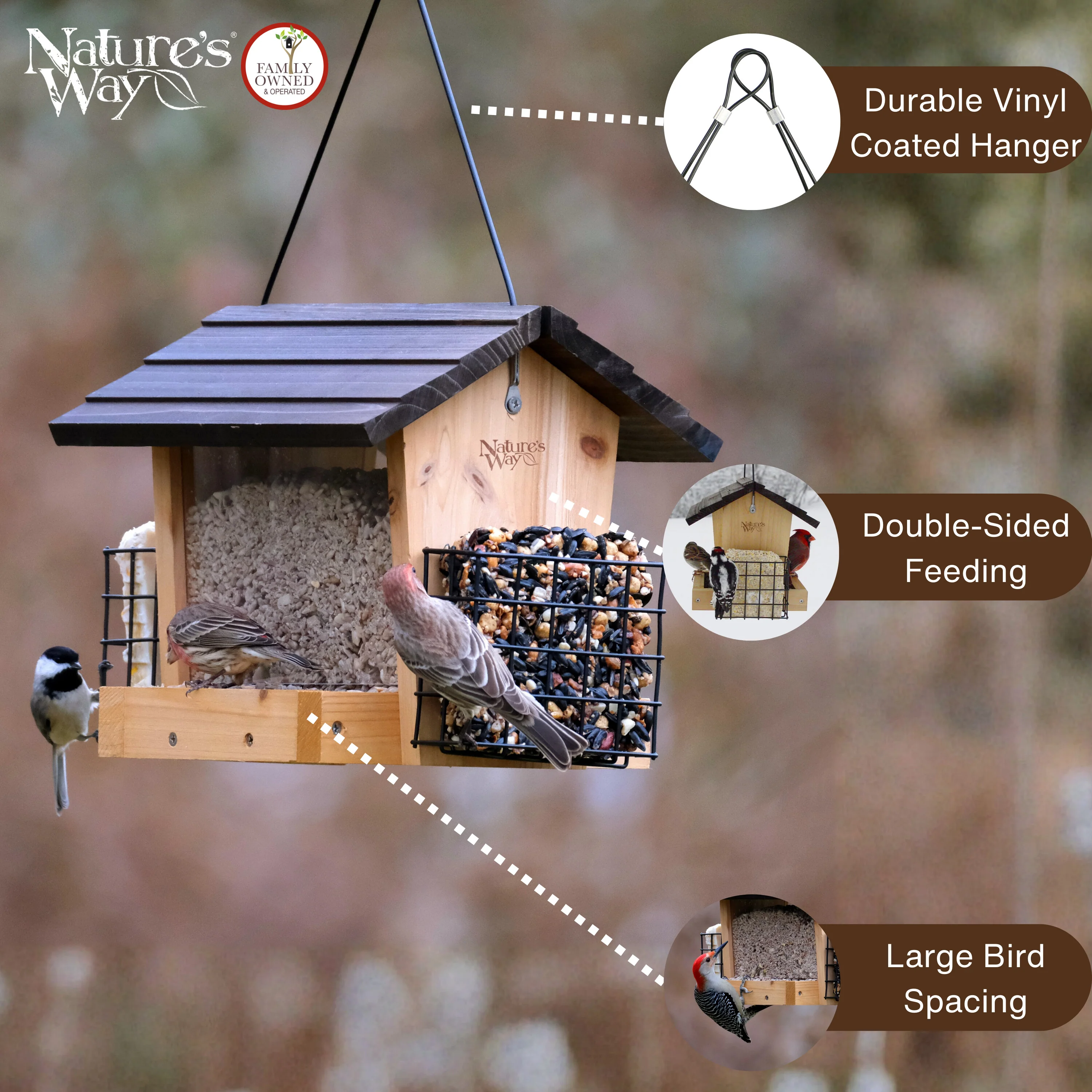 Cedar 3 QT Hopper Feeder w/ 2 Suet Cages - Image 3