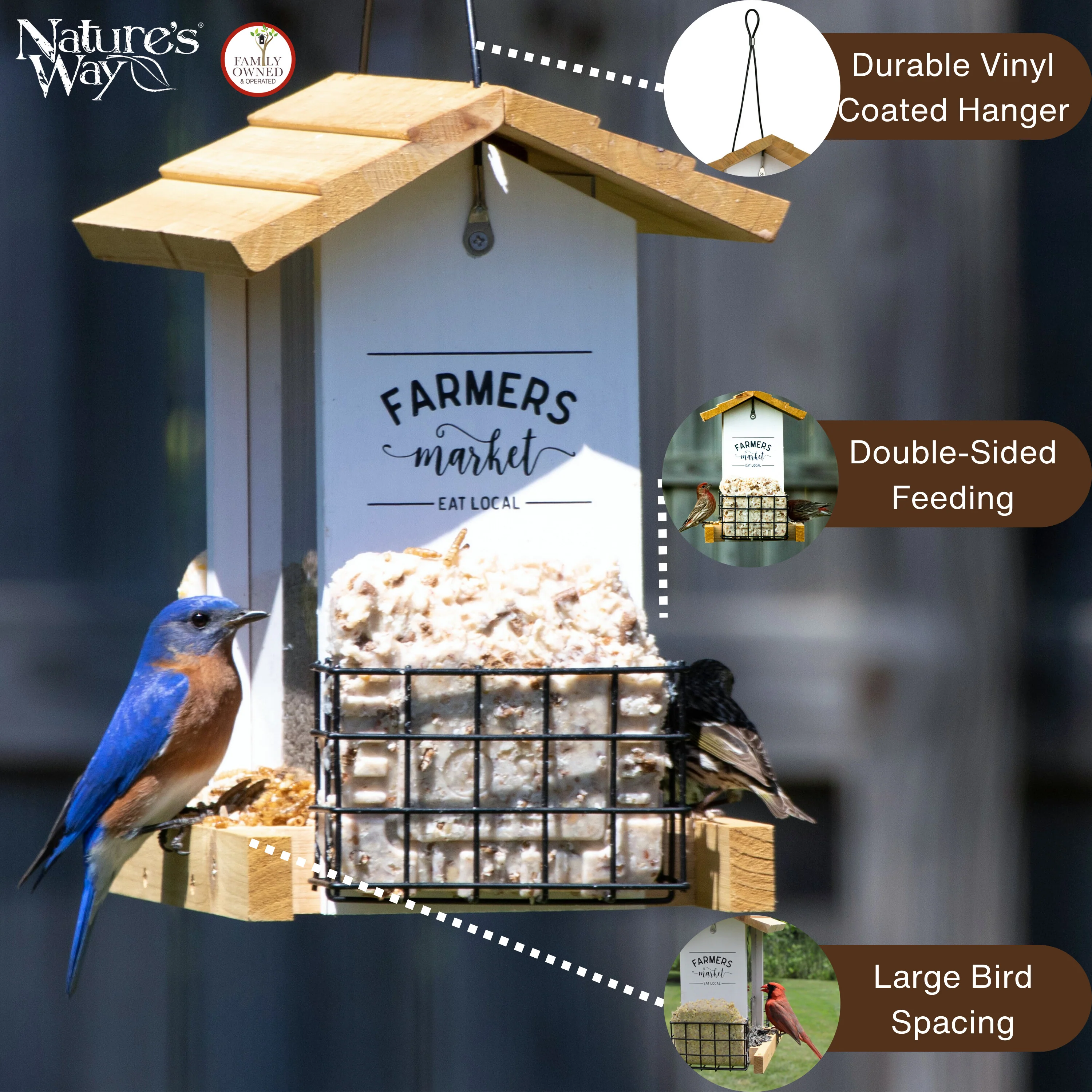 Farmhouse Cedar Hopper Feeder with Suet Cages - Image 3