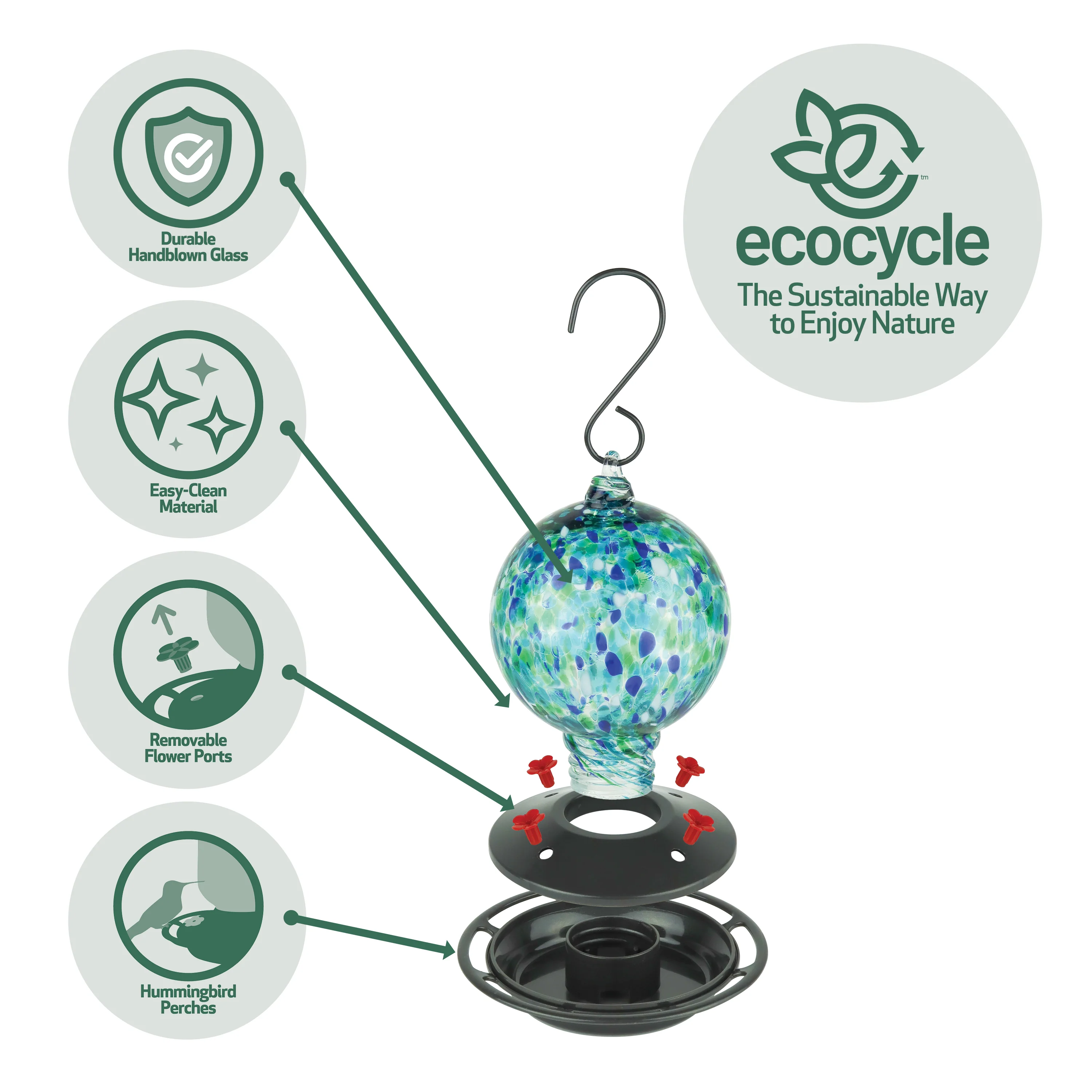 Garden Globe Handblown Recycled Glass Hummingbird Feeder - Image 4