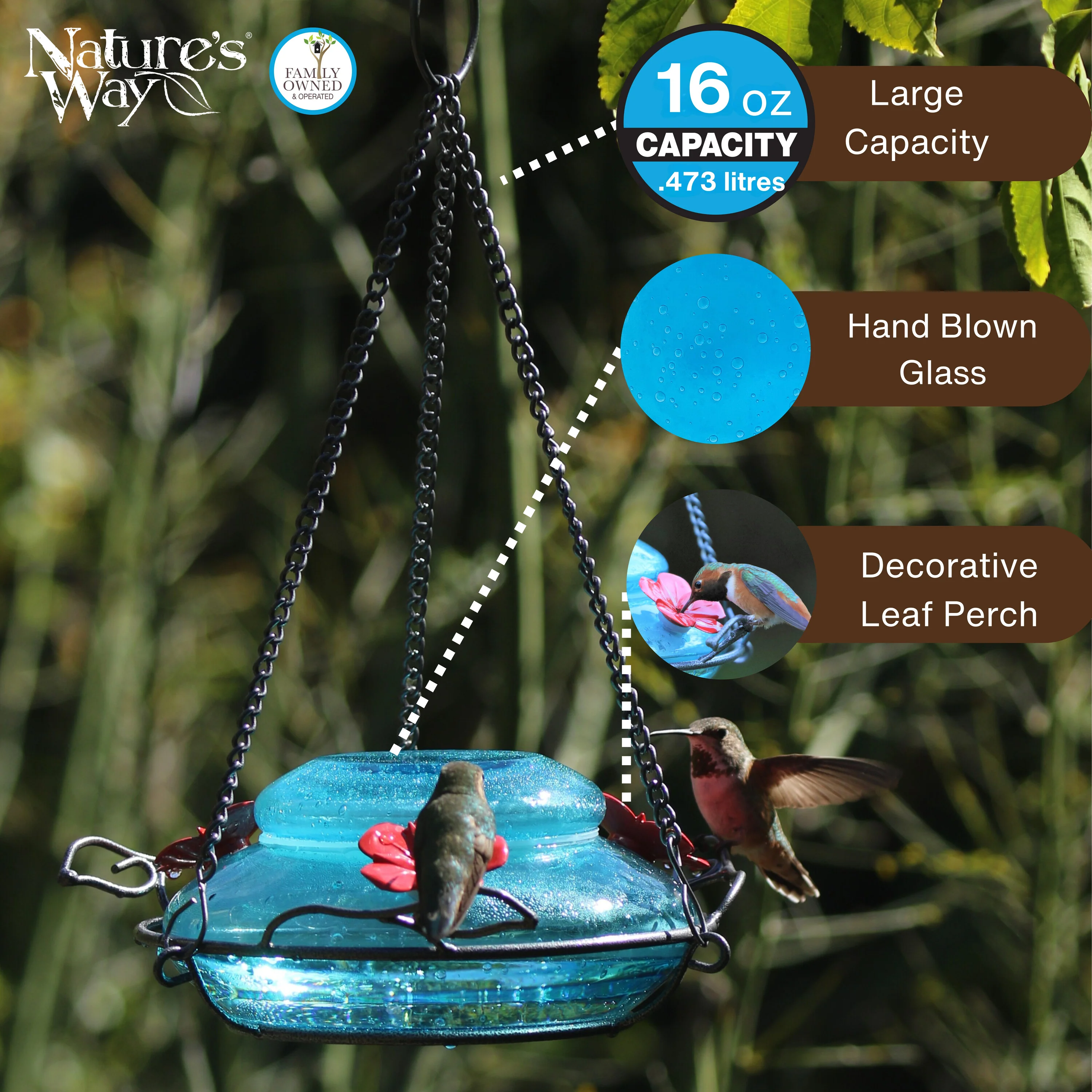 Mason Jar Blue Handblown Glass Top-Fill Dish Hummingbird Feeder - Image 3