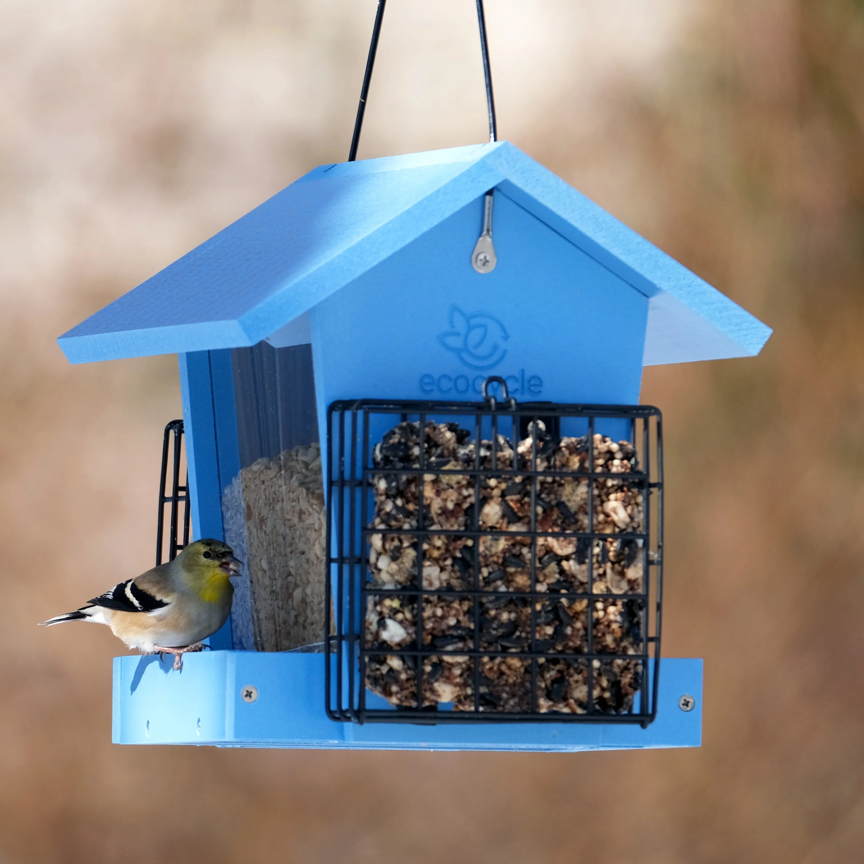 Hopper Hangout Recycled Plastic Hopper Bird Feeder w/ Suet Cages - Image 9