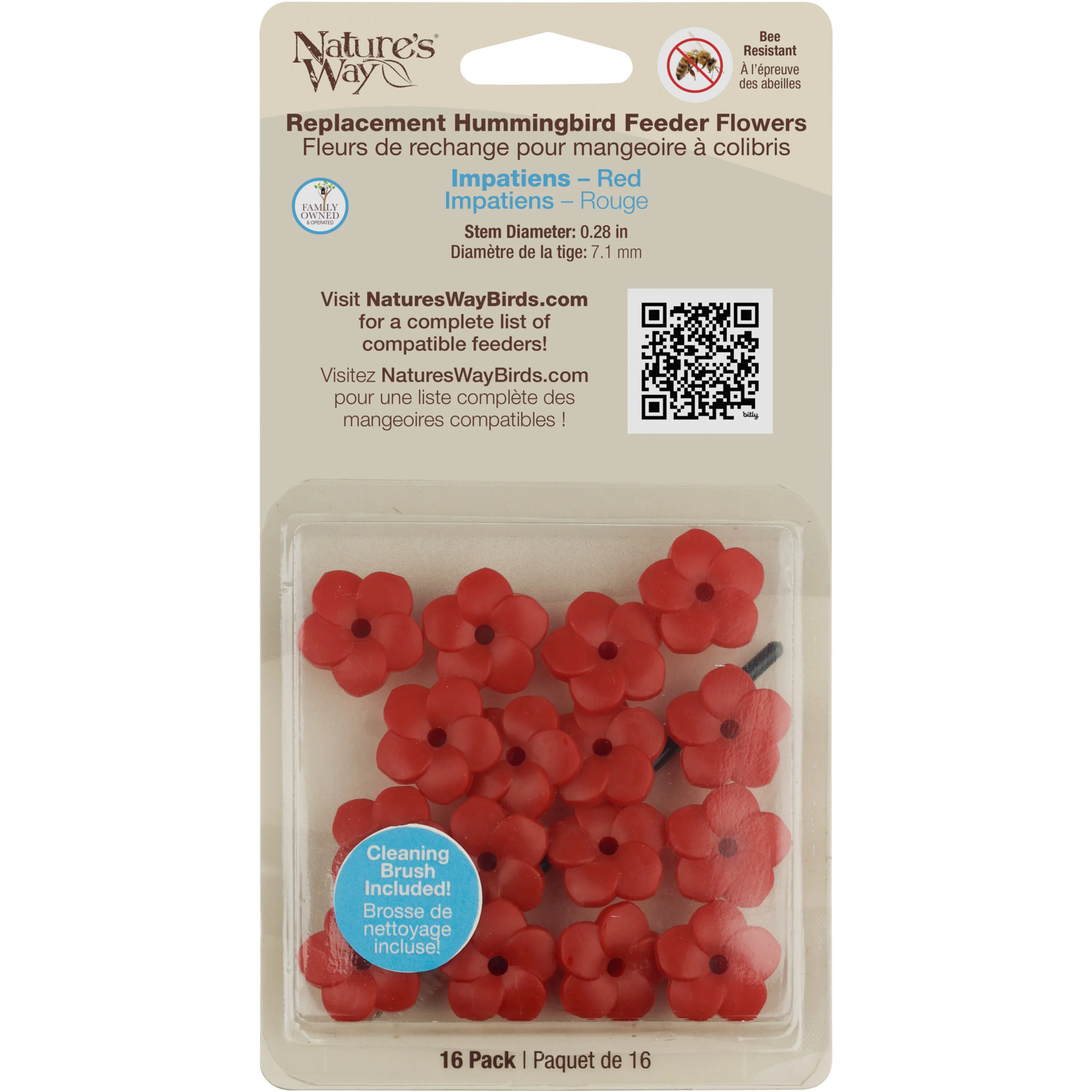 Red Impatiens Hummingbird Feeder Replacement Flowers w/ Cleaning Brush, 16 ct