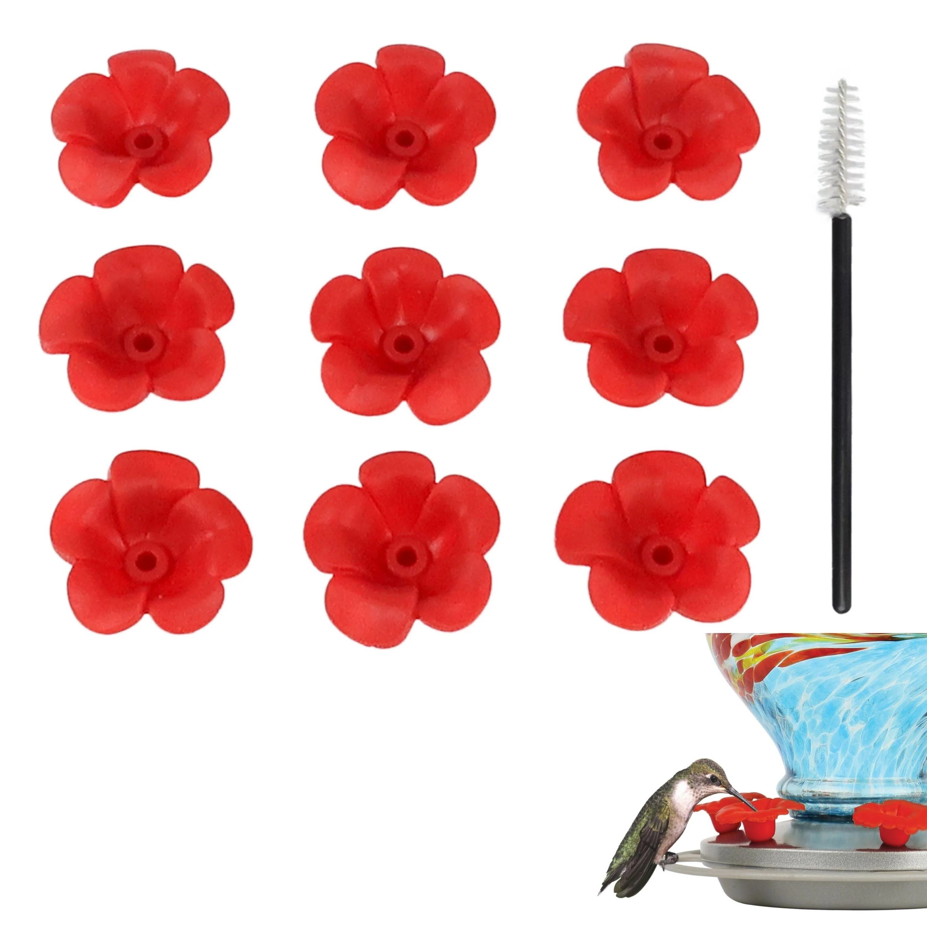 Red Tulip Hummingbird Feeder Replacement Flowers w/ Cleaning Brush, 9 ct - Image 2