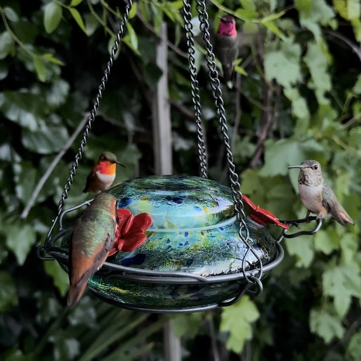 Spring Rain Illuminated Handblown Glass Top-Fill Hummingbird Feeder - Image 12