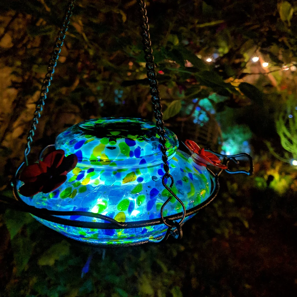 Spring Rain Illuminated Handblown Glass Top-Fill Hummingbird Feeder - Image 8