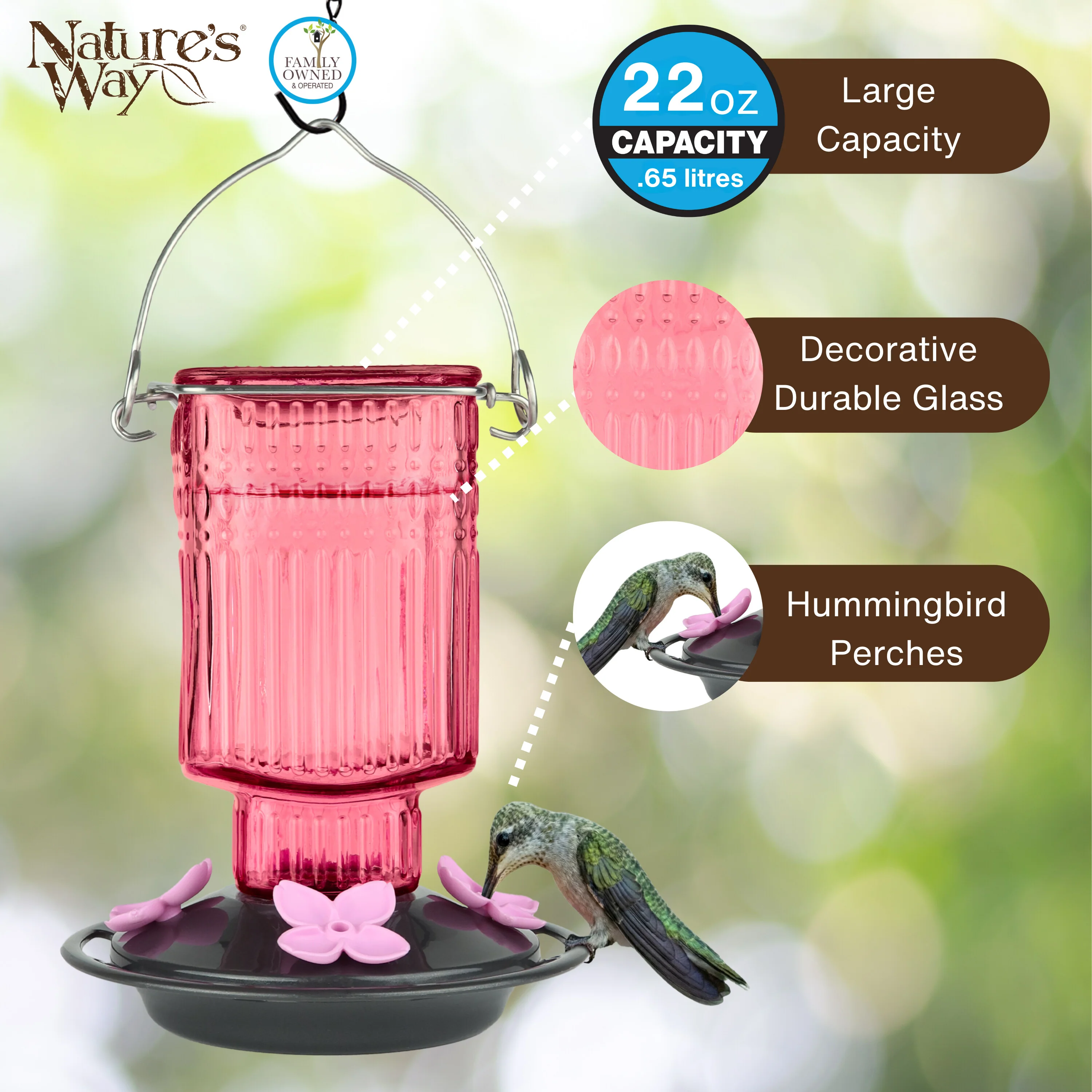 Pink Petal Antique Hummingbird Gravity Feeder - Image 3
