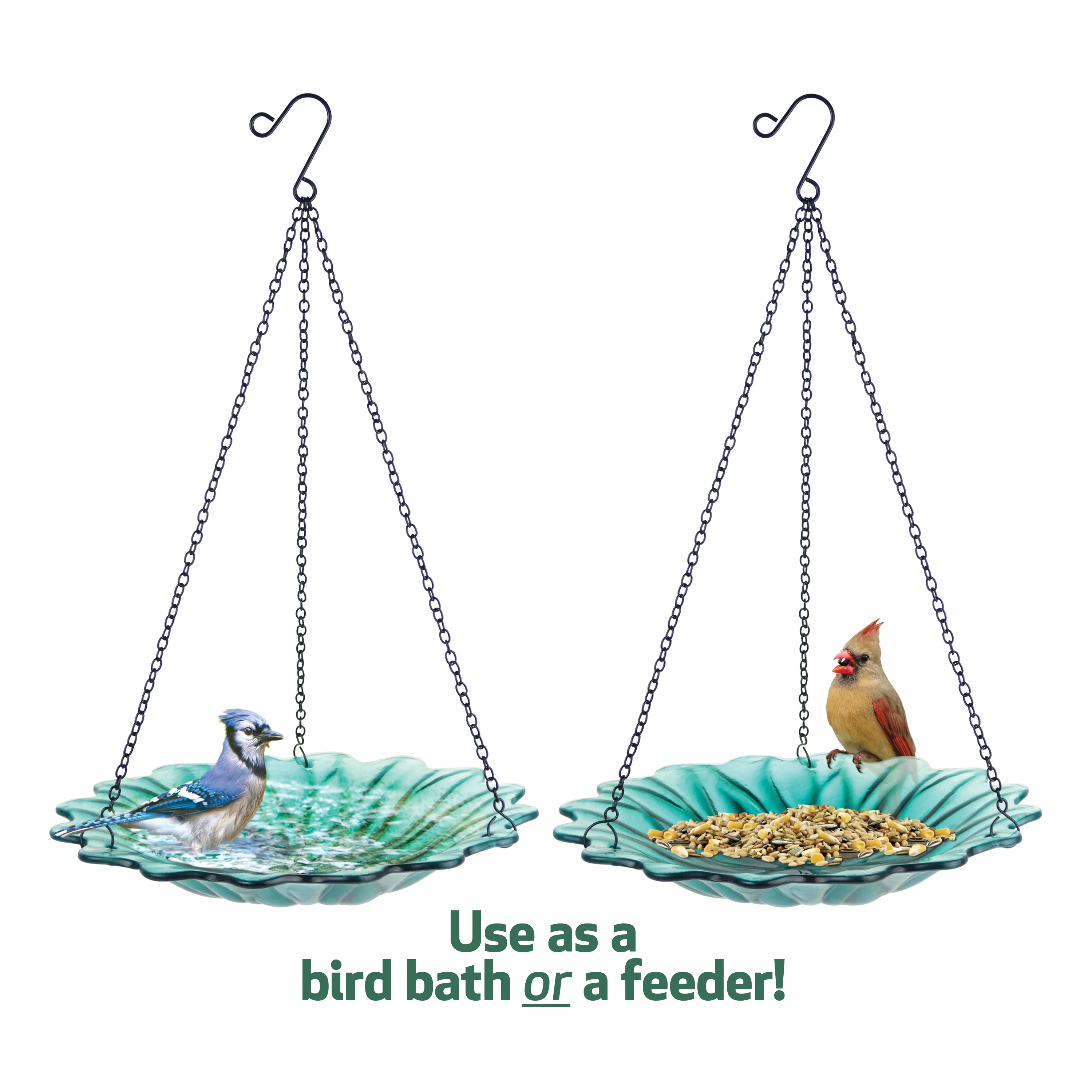 11” Recycled Glass Hanging Combination Bird Feeder and Bath - Turquoise Dahlia - Image 2