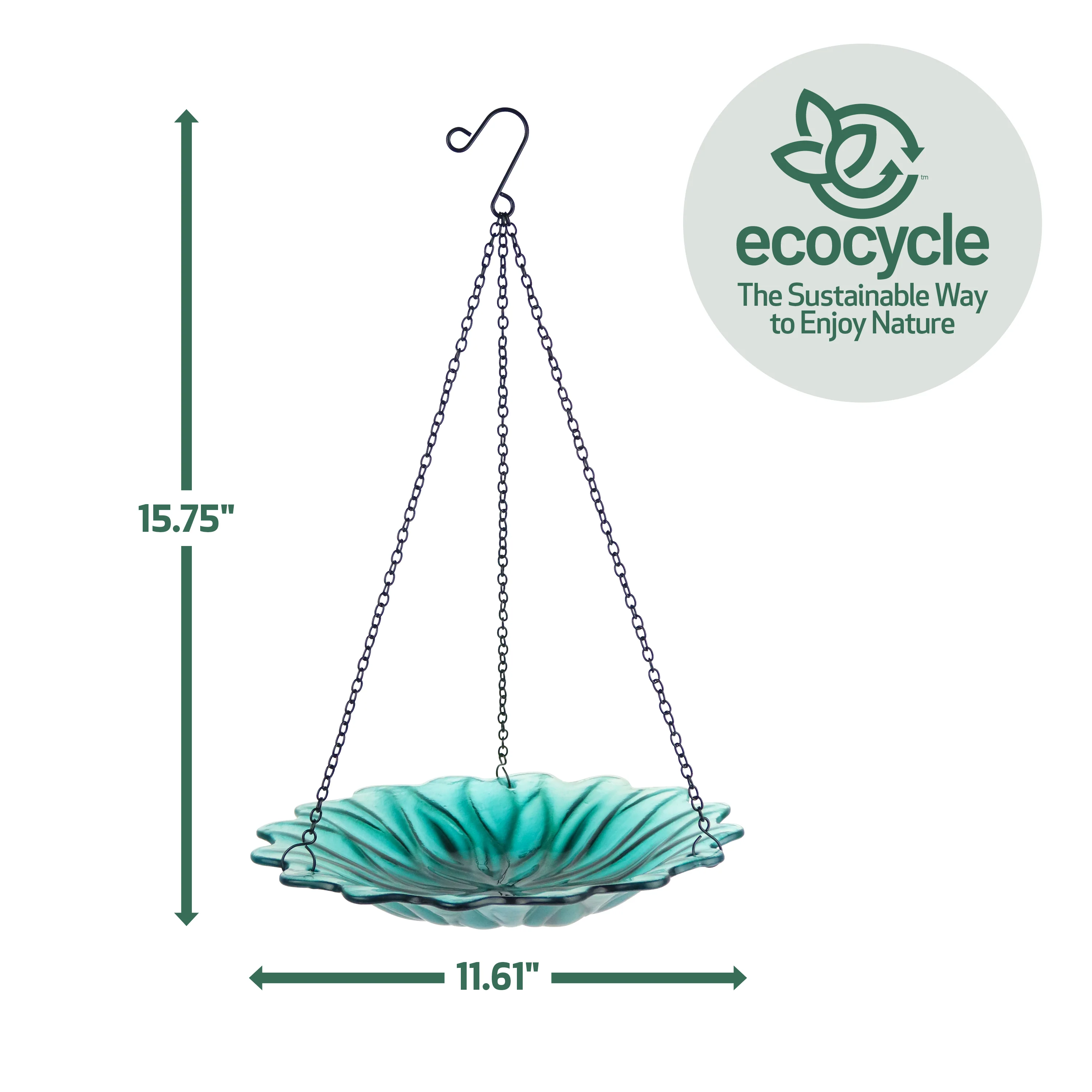 11” Recycled Glass Hanging Combination Bird Feeder and Bath - Turquoise Dahlia - Image 3