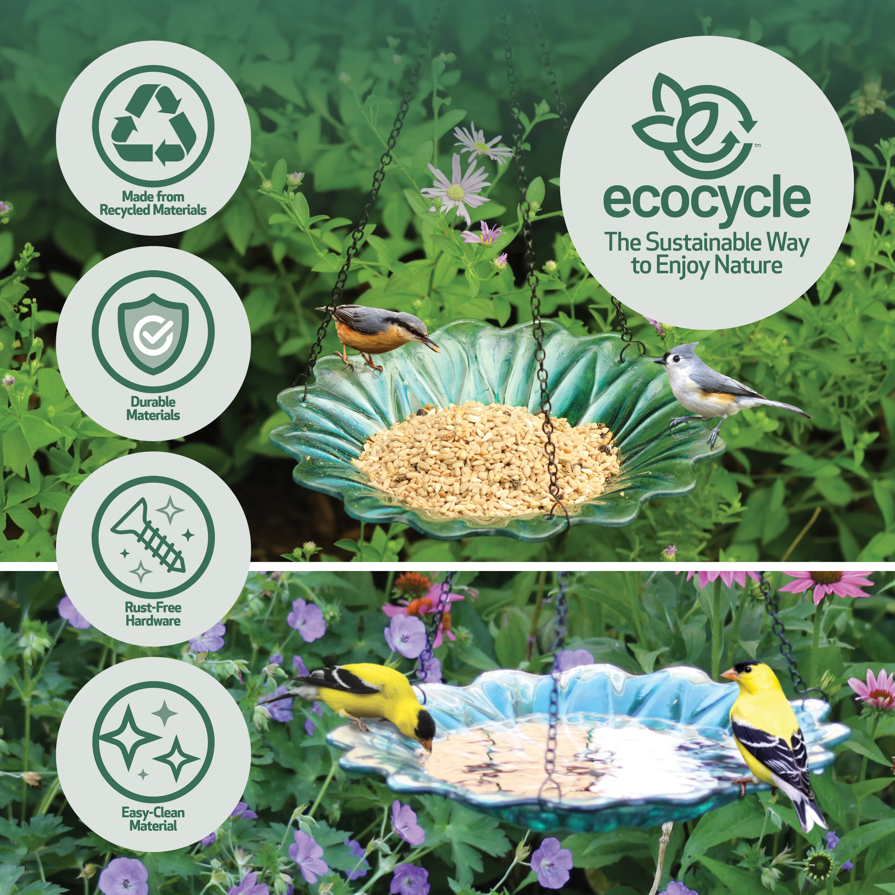 11” Recycled Glass Hanging Combination Bird Feeder and Bath - Turquoise Dahlia - Image 4