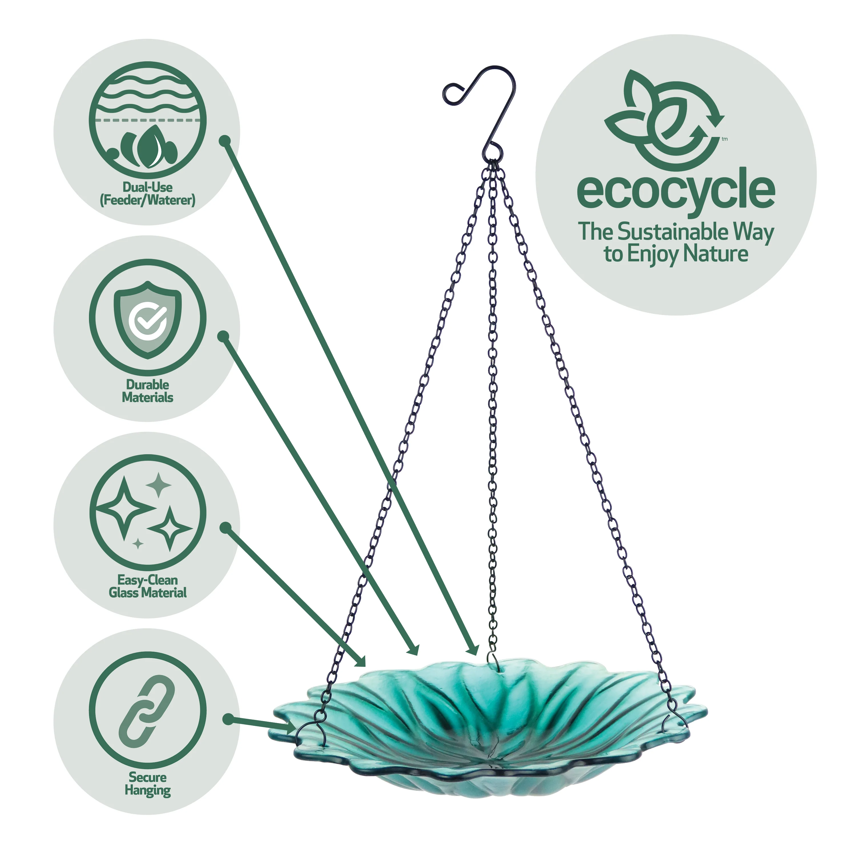 11” Recycled Glass Hanging Combination Bird Feeder and Bath - Turquoise Dahlia - Image 5