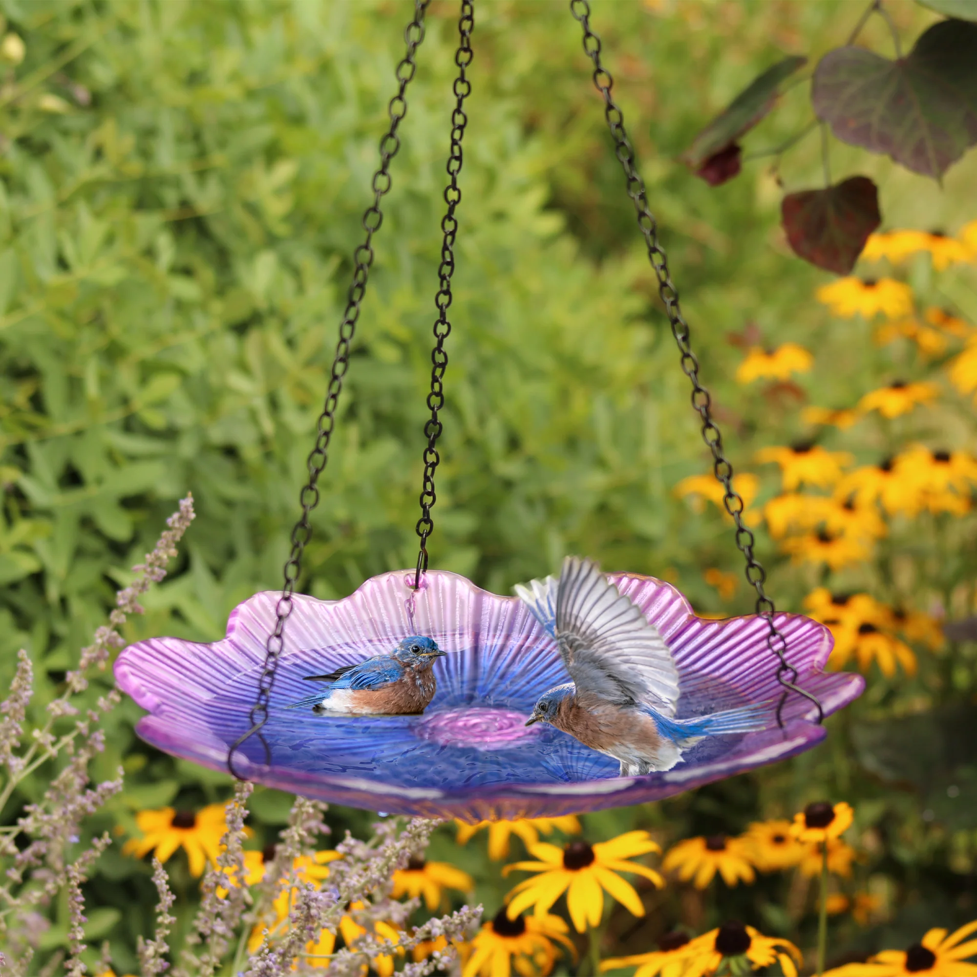 11” Recycled Glass Hanging Combination Bird Feeder and Bath - Violet Begonia - Image 12