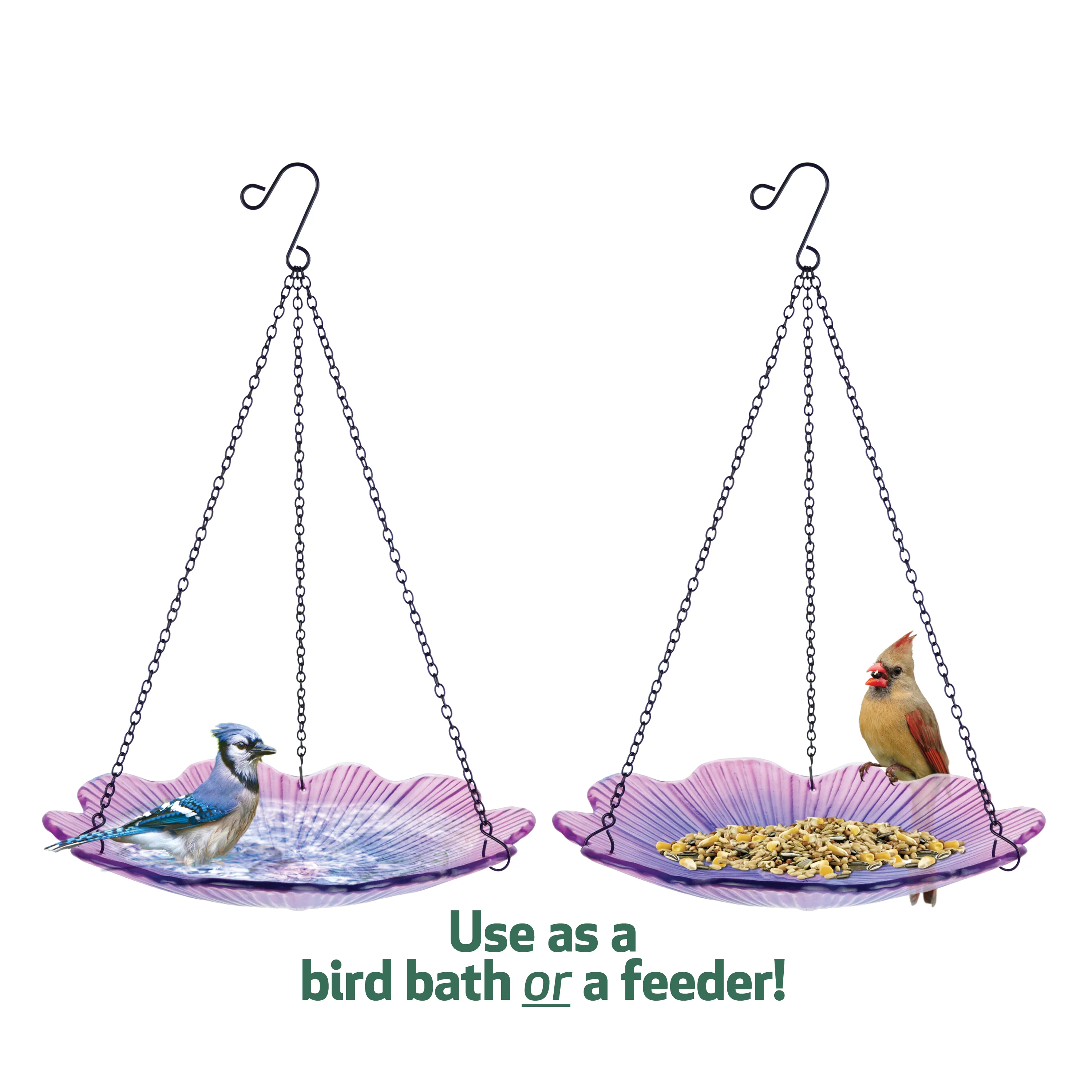 11” Recycled Glass Hanging Combination Bird Feeder and Bath - Violet Begonia - Image 2