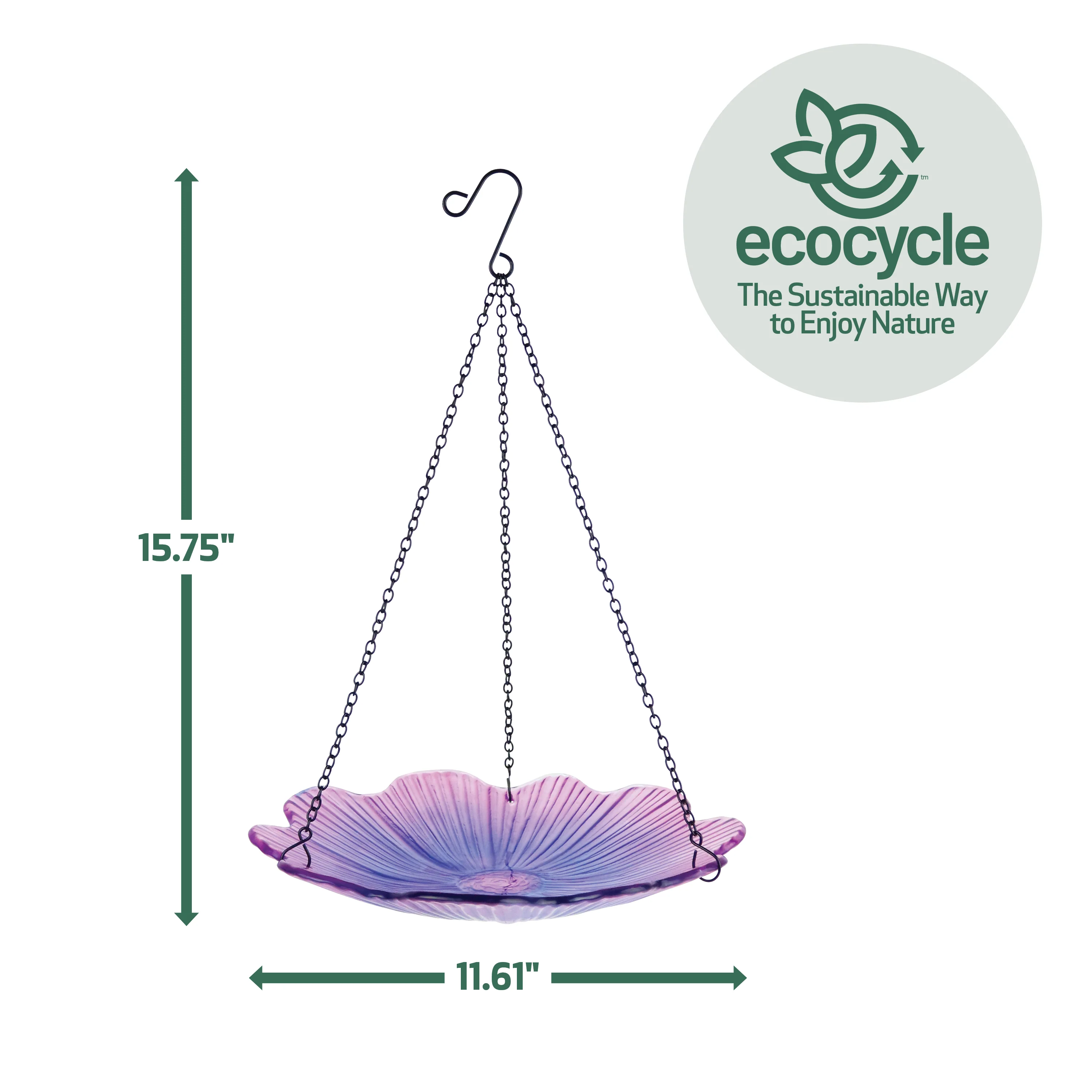 11” Recycled Glass Hanging Combination Bird Feeder and Bath - Violet Begonia - Image 3