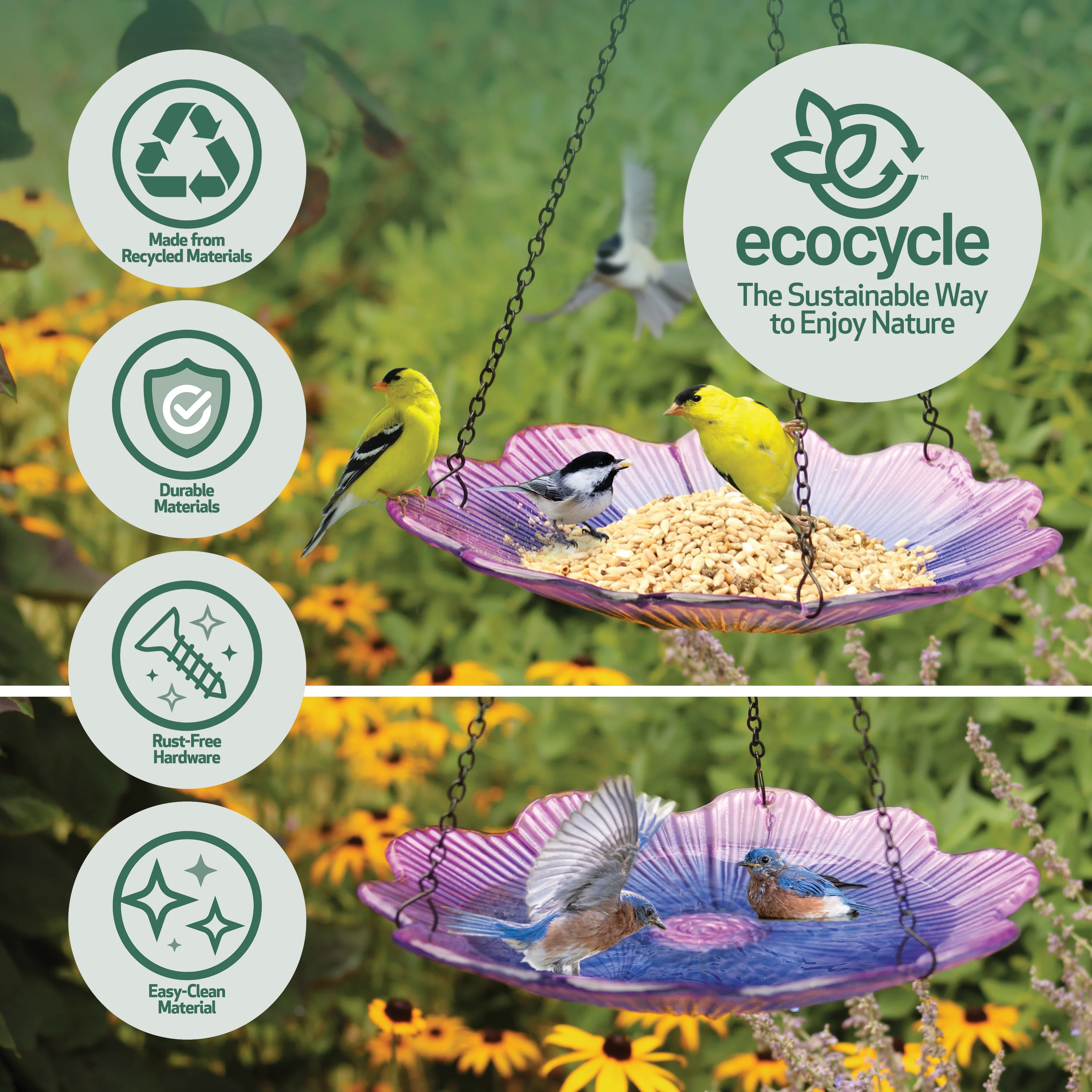 11” Recycled Glass Hanging Combination Bird Feeder and Bath - Violet Begonia - Image 4