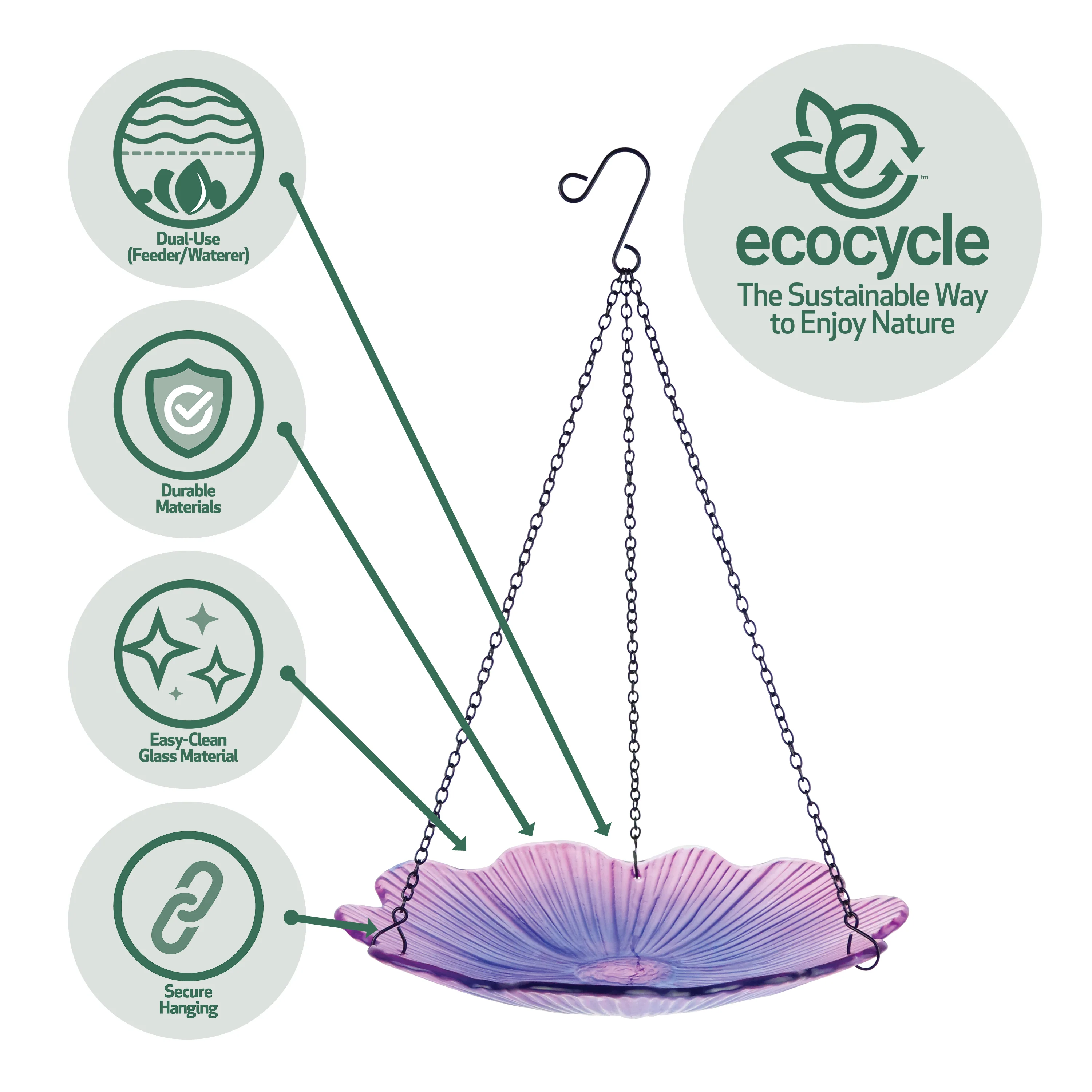11” Recycled Glass Hanging Combination Bird Feeder and Bath - Violet Begonia - Image 5
