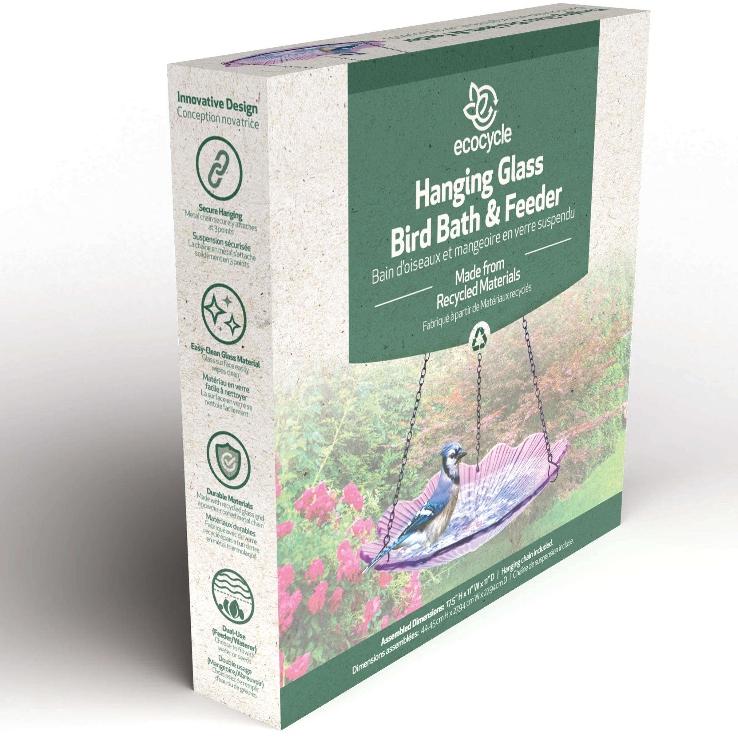 11” Recycled Glass Hanging Combination Bird Feeder and Bath - Violet Begonia - Image 8