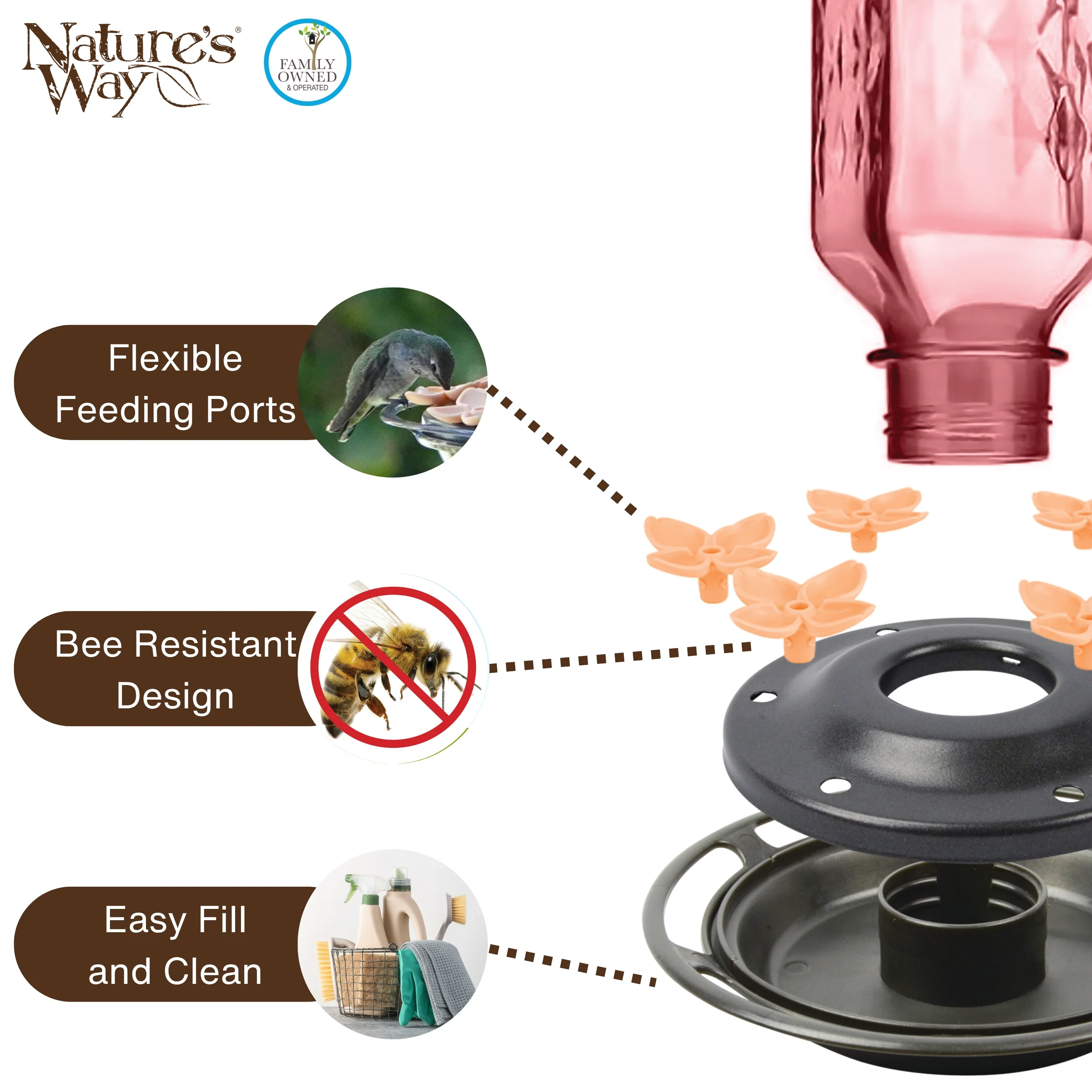 Rosewood Column Antique Glass Gravity Hummingbird Feeder with Ant Moat - Image 4