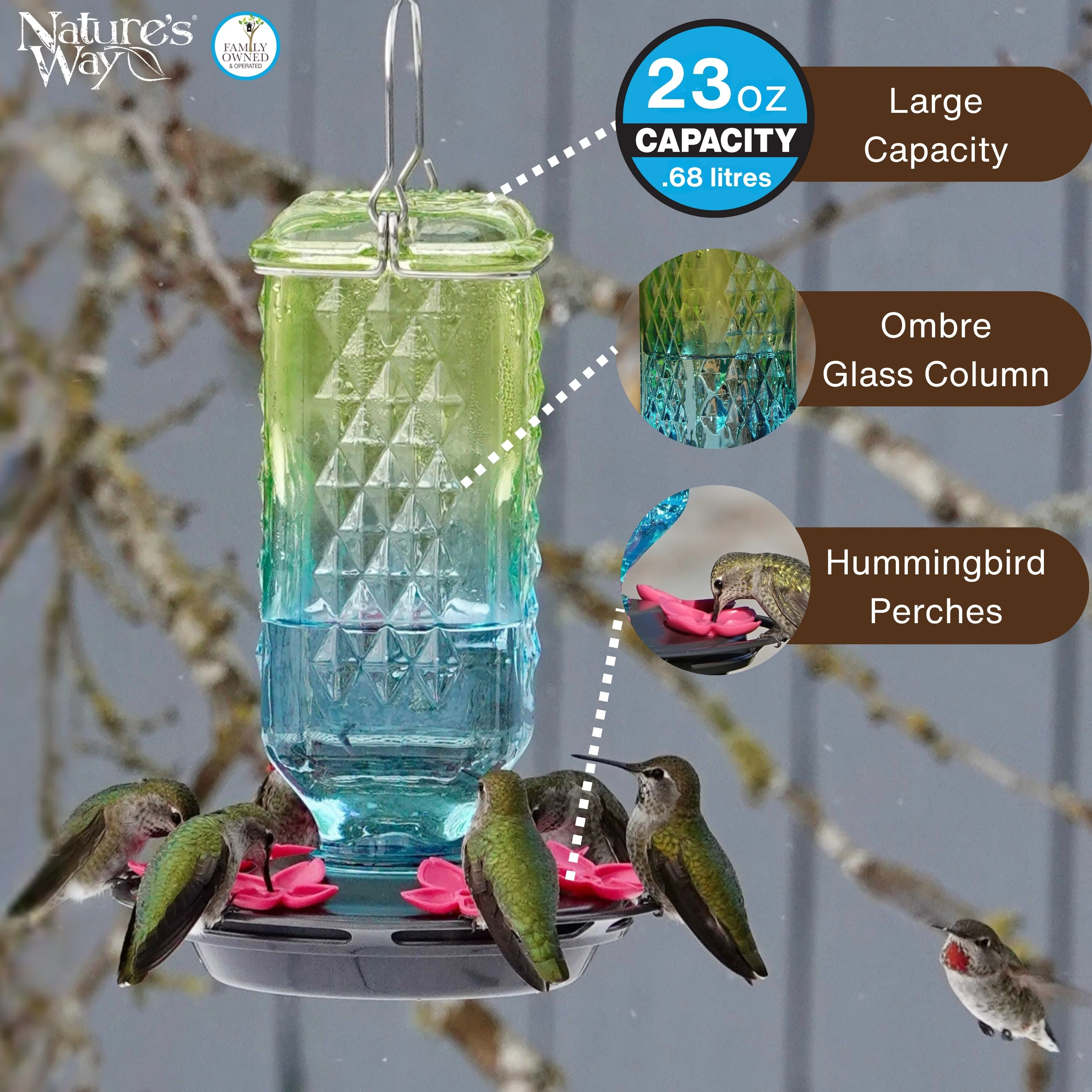 Seafoam Ombre Column Antique Glass Gravity Hummingbird Feeder - Image 3