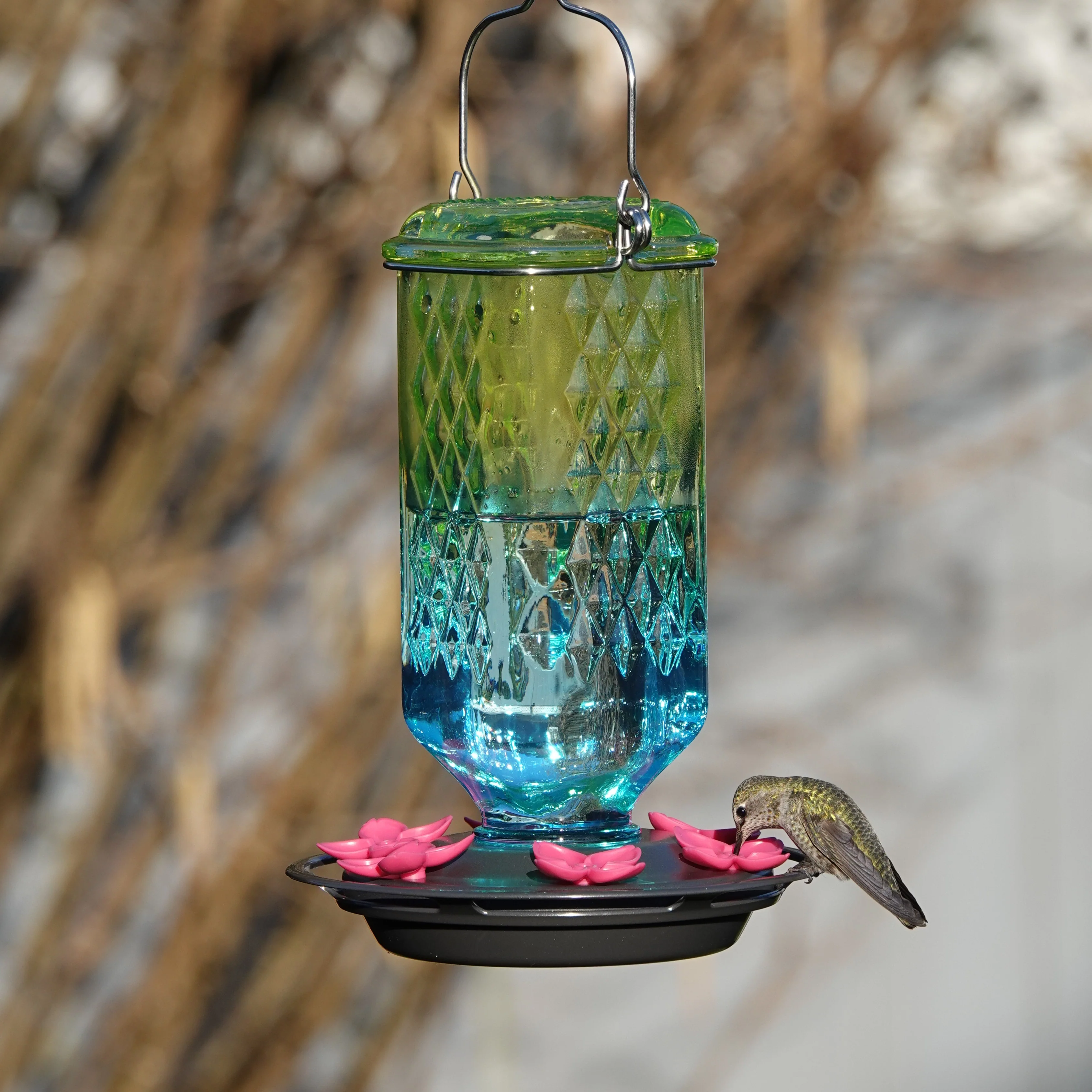 Seafoam Ombre Column Antique Glass Gravity Hummingbird Feeder - Image 7