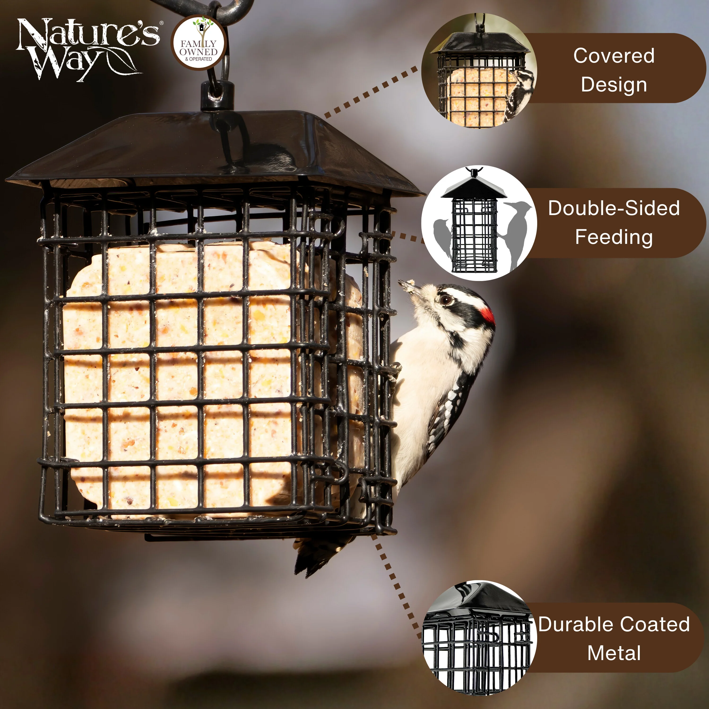Metal Two Cake Suet Cage Bird Feeder w/ Roof - Two Cake - Image 3
