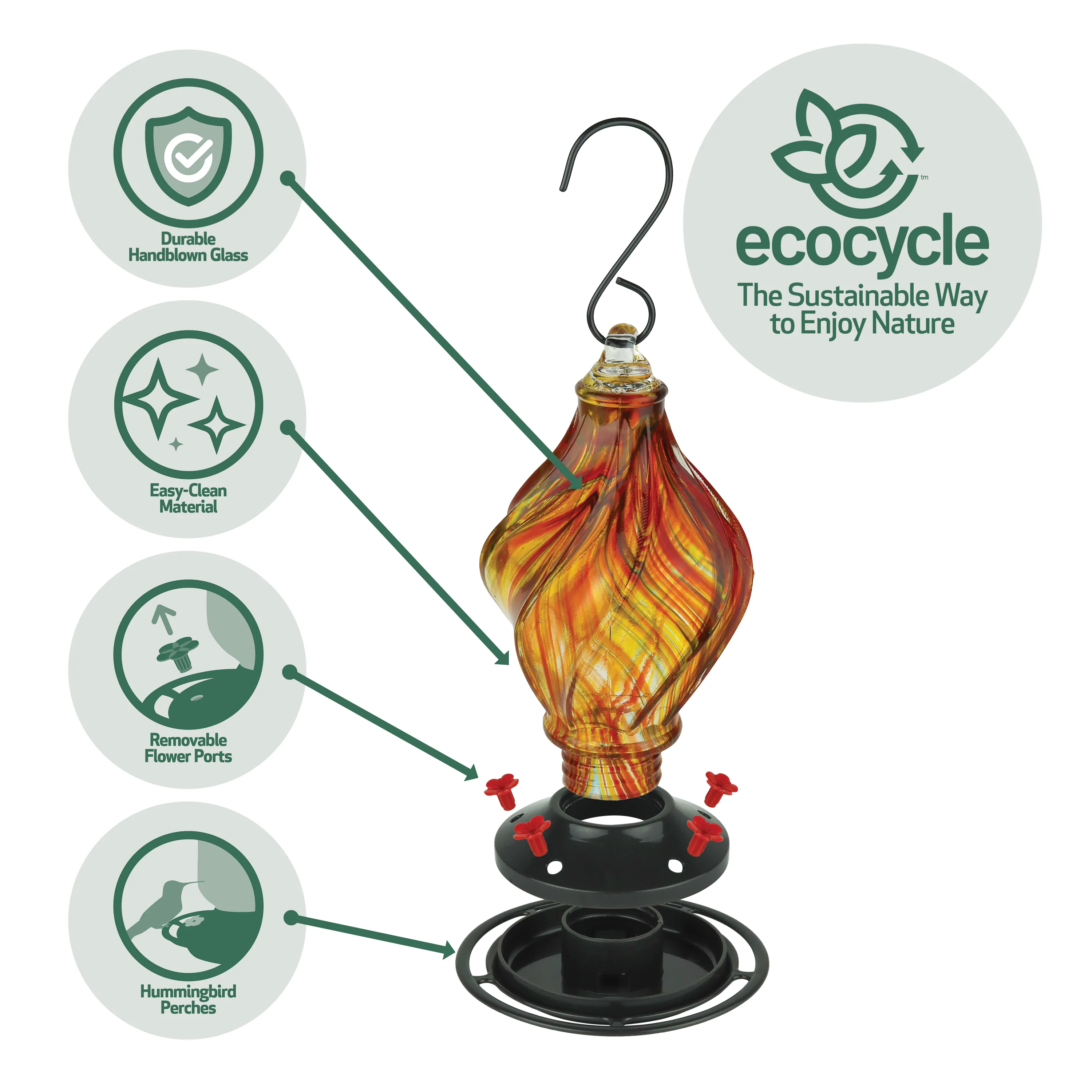 Sunburst Sipper Handblown Recycled Glass Hummingbird Feeder - Image 4